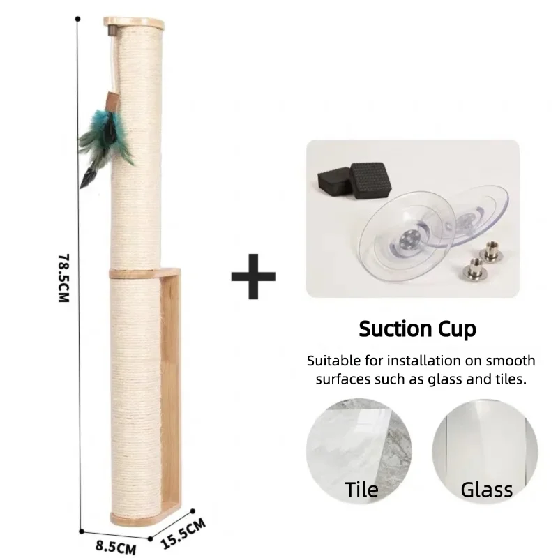 Wall-Mounted Cat Scratching Post – Rubber Wood & Sisal, Adjustable Height, Replaceable Poles, Easy Install, Climbing Tower