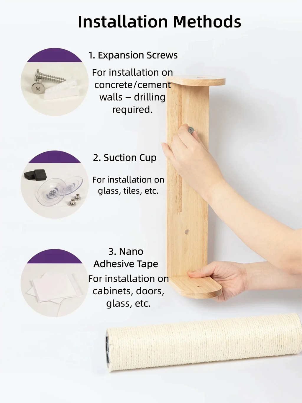 Wall-Mounted Cat Scratching Post – Rubber Wood & Sisal, Adjustable Height, Replaceable Poles, Easy Install, Climbing Tower