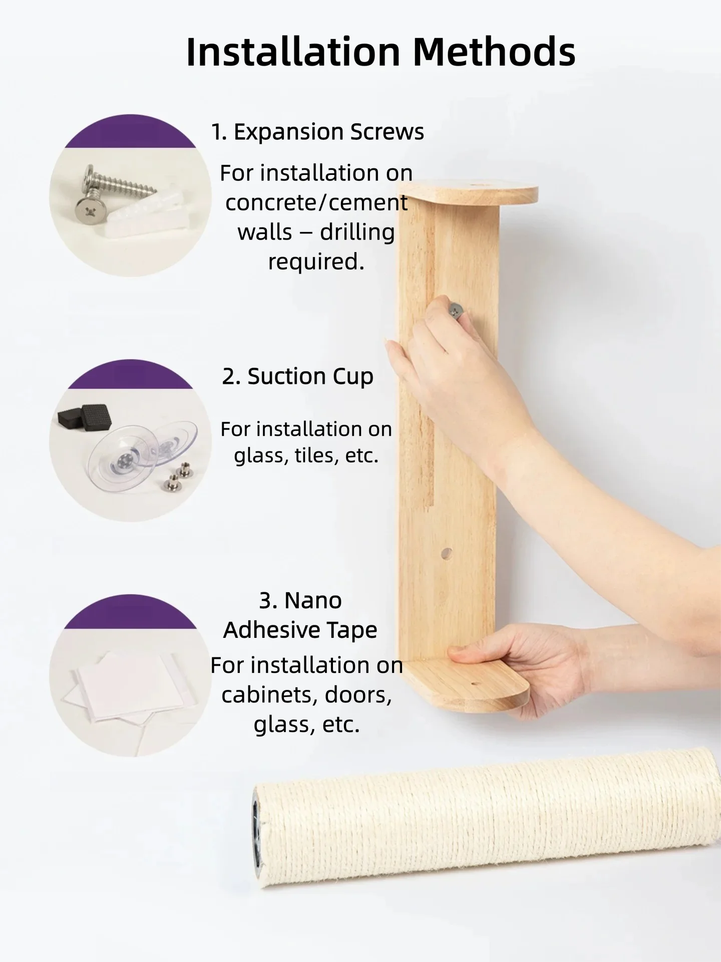 Wall-Mounted Cat Scratching Post – Rubber Wood & Sisal, Adjustable Height, Replaceable Poles, Easy Install, Climbing Tower