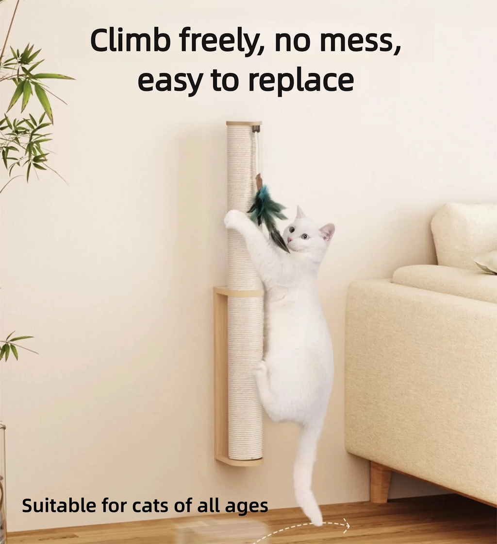 Wall-Mounted Cat Scratching Post – Rubber Wood & Sisal, Adjustable Height, Replaceable Poles, Easy Install, Climbing Tower