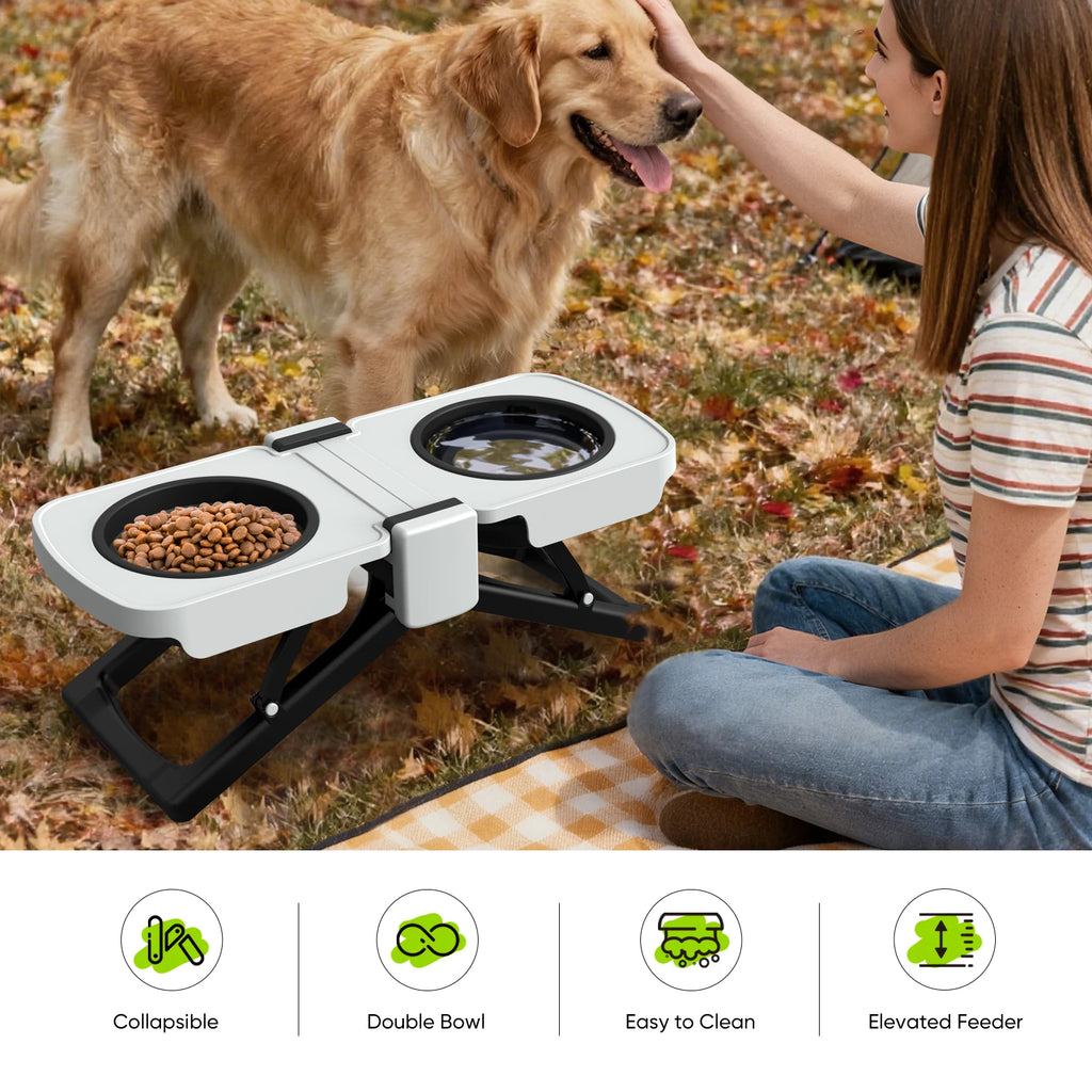 Elevated Dog Bowls Stand, Portable Travel Dog Bowls with Collapsible Silicone Double Diner Bowl, 5 Cups Capacity Food and Water