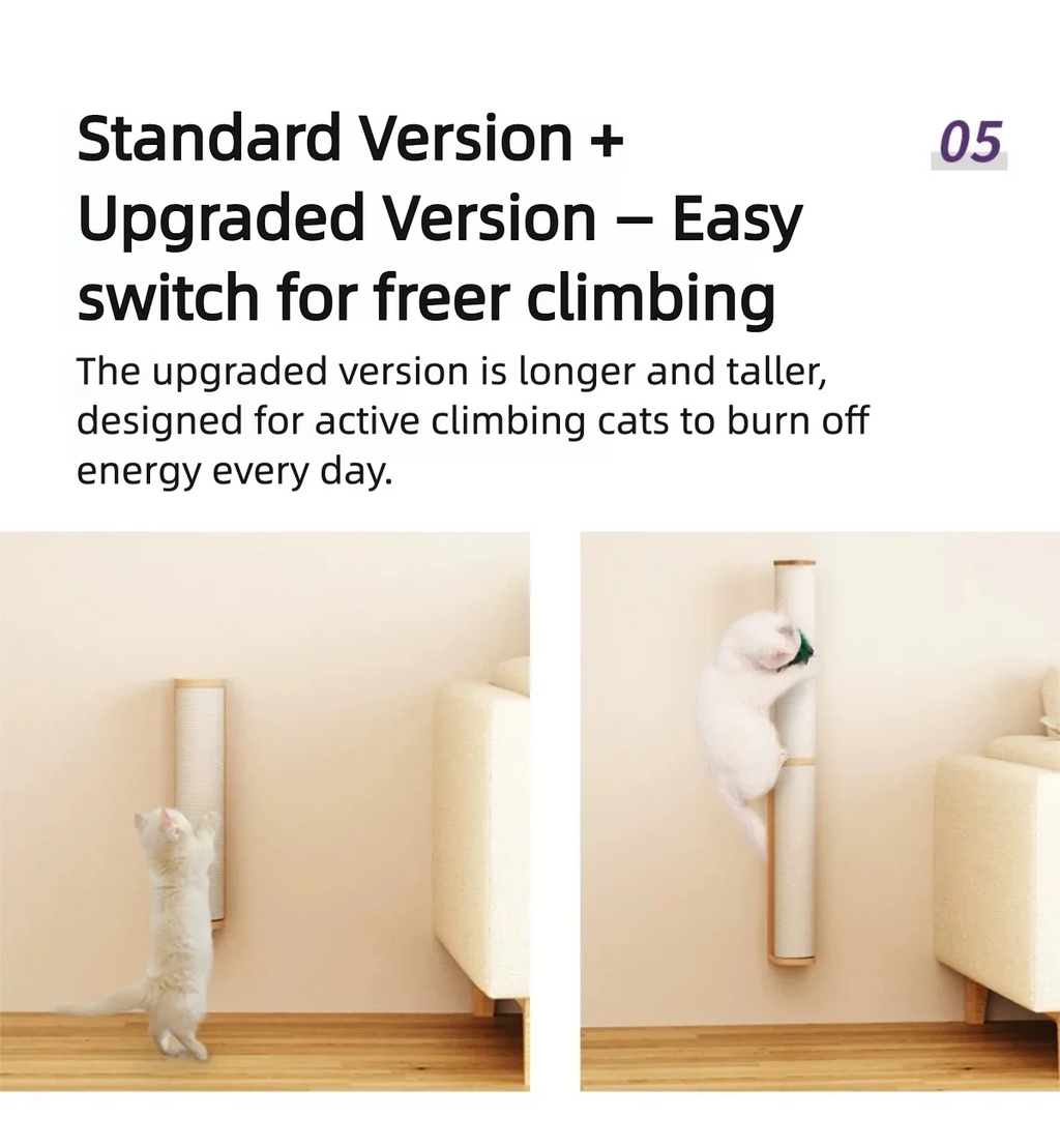Wall-Mounted Cat Scratching Post – Rubber Wood & Sisal, Adjustable Height, Replaceable Poles, Easy Install, Climbing Tower