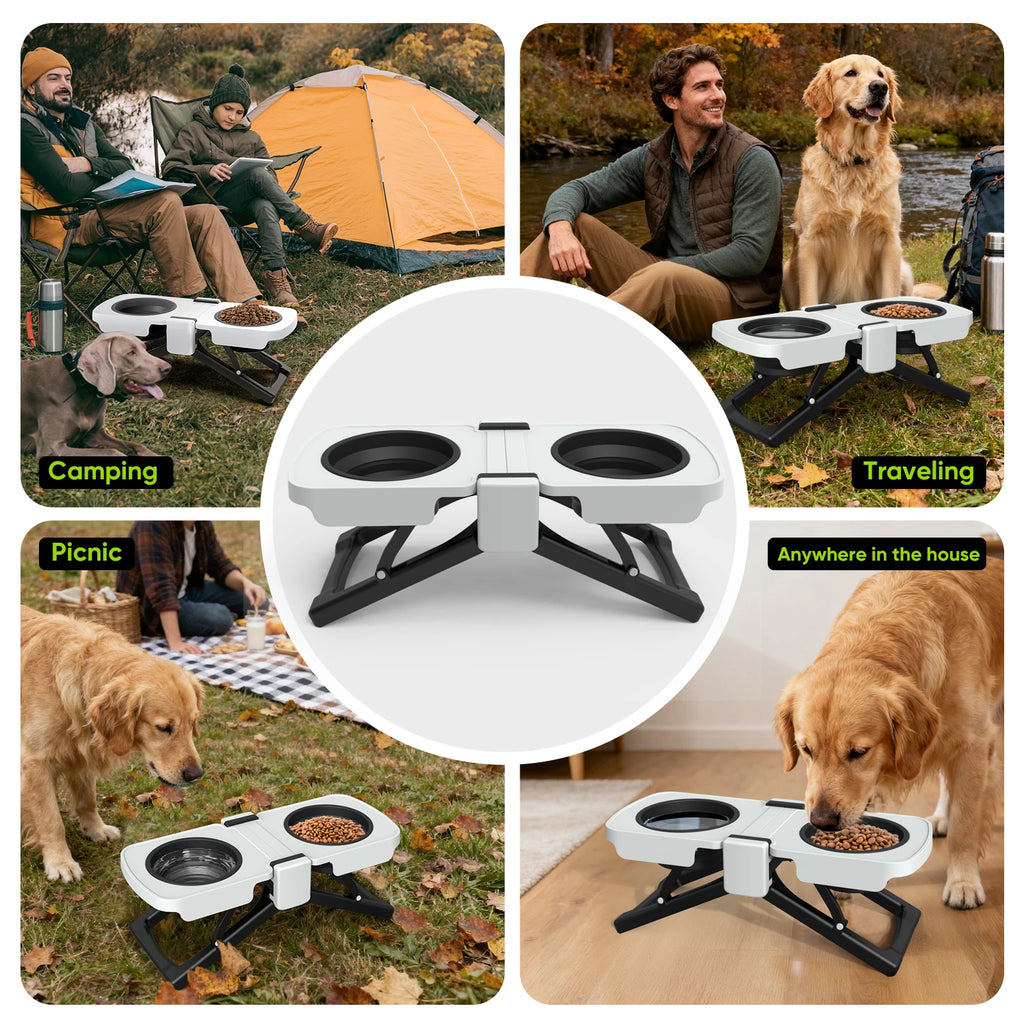 Elevated Dog Bowls Stand, Portable Travel Dog Bowls with Collapsible Silicone Double Diner Bowl, 5 Cups Capacity Food and Water