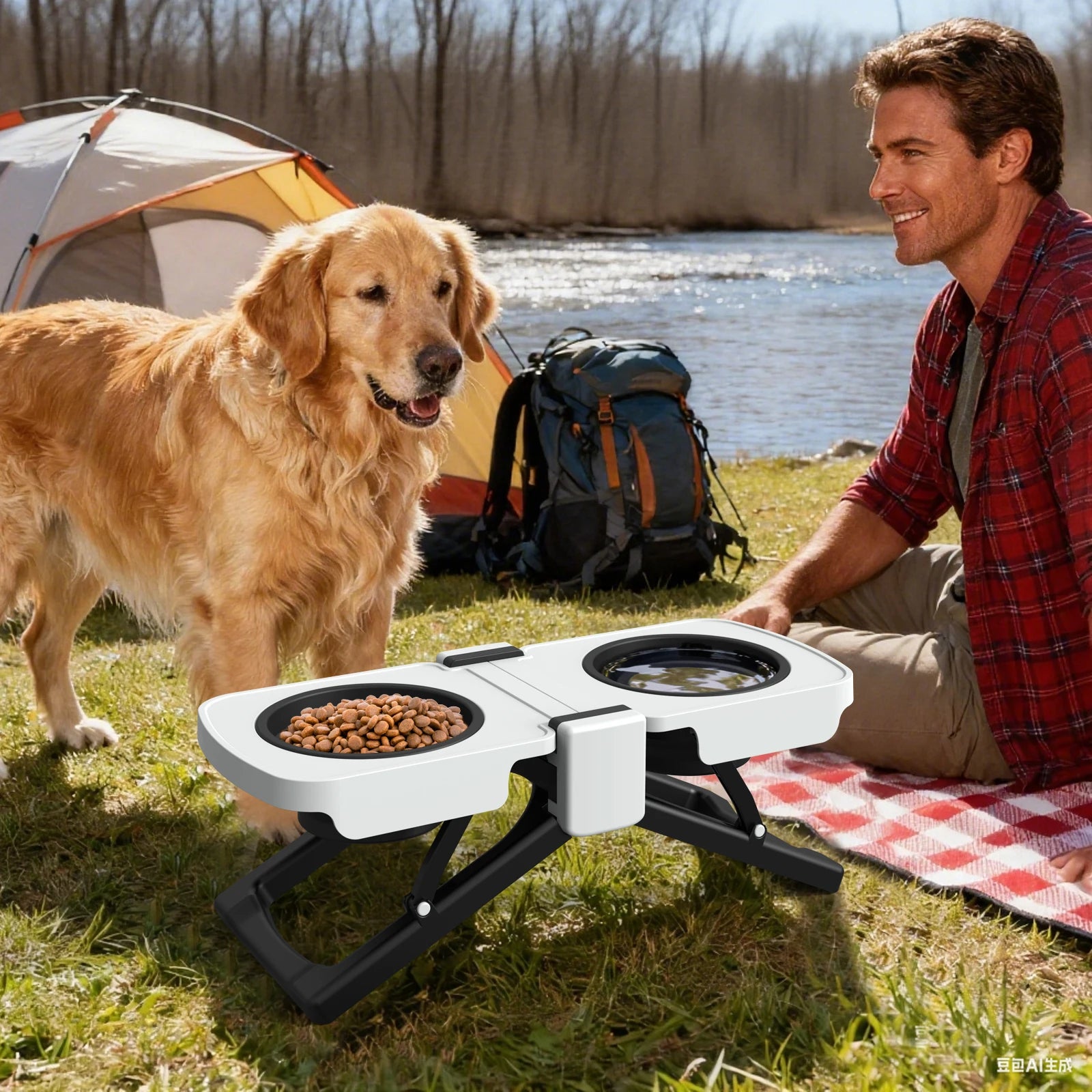 Elevated Dog Bowls Stand, Portable Travel Dog Bowls with Collapsible Silicone Double Diner Bowl, 5 Cups Capacity Food and Water