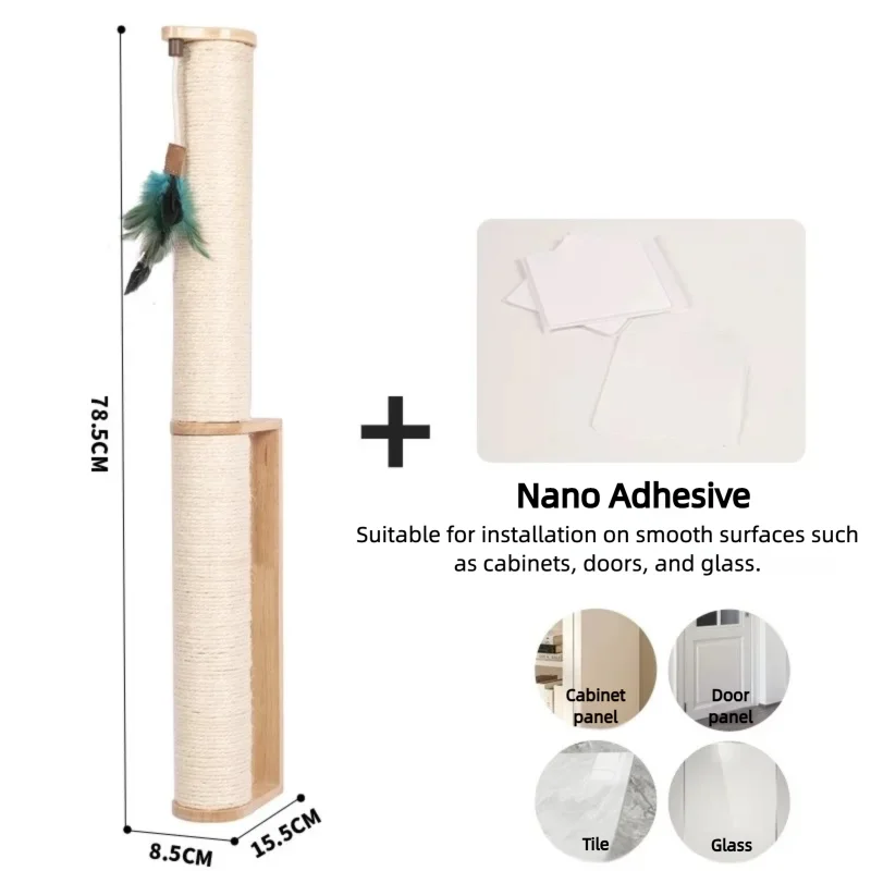 Wall-Mounted Cat Scratching Post – Rubber Wood & Sisal, Adjustable Height, Replaceable Poles, Easy Install, Climbing Tower