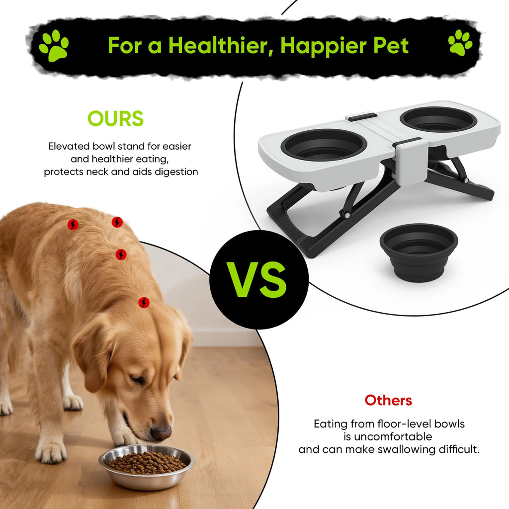 Elevated Dog Bowls Stand, Portable Travel Dog Bowls with Collapsible Silicone Double Diner Bowl, 5 Cups Capacity Food and Water