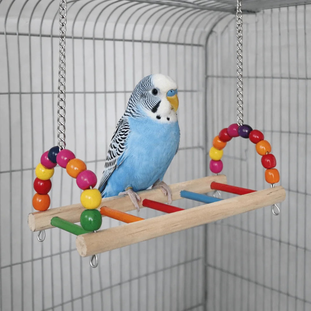 Bird Perch Stand Bite Resistant Parrot Swing Wooden Hanging Beads Bird Colorful Bird Cage Standing Training