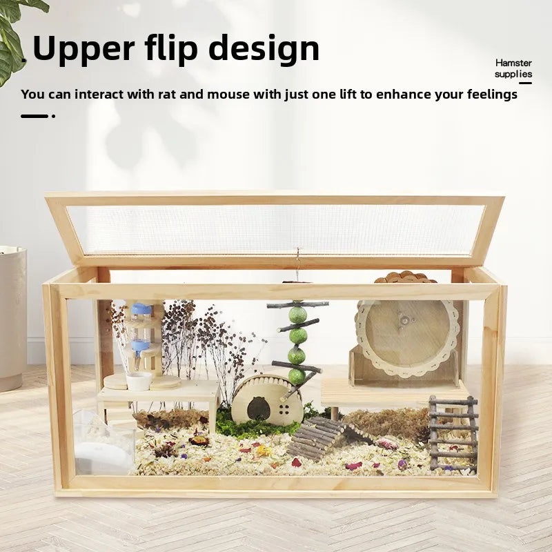 Hamster Frame Cage Solid Wood Acrylic Breathable Pet Cage Set for Golden Hamsters, Hedgehogs, Parrots, and Other Small Pets
