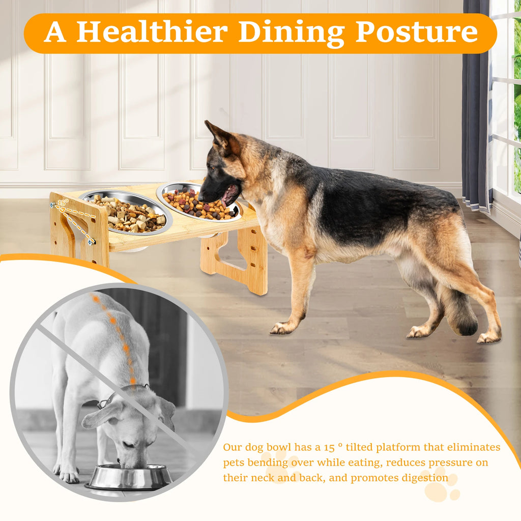 Elevated Dog Feeder Bowls Adjustable Raised Stand Wood Pet Double Stainless Steel Bowl Cat Dog Food Water Accessories