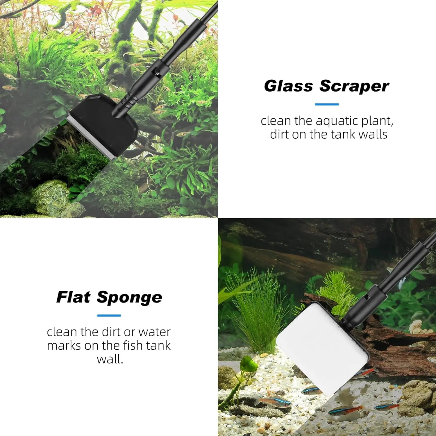 Fish Tank Cleaner, Aquarium Cleaning Tools Kit with Handle, Seaweed Scraper, Fishing Net, Sponge Brush,Wall Brush