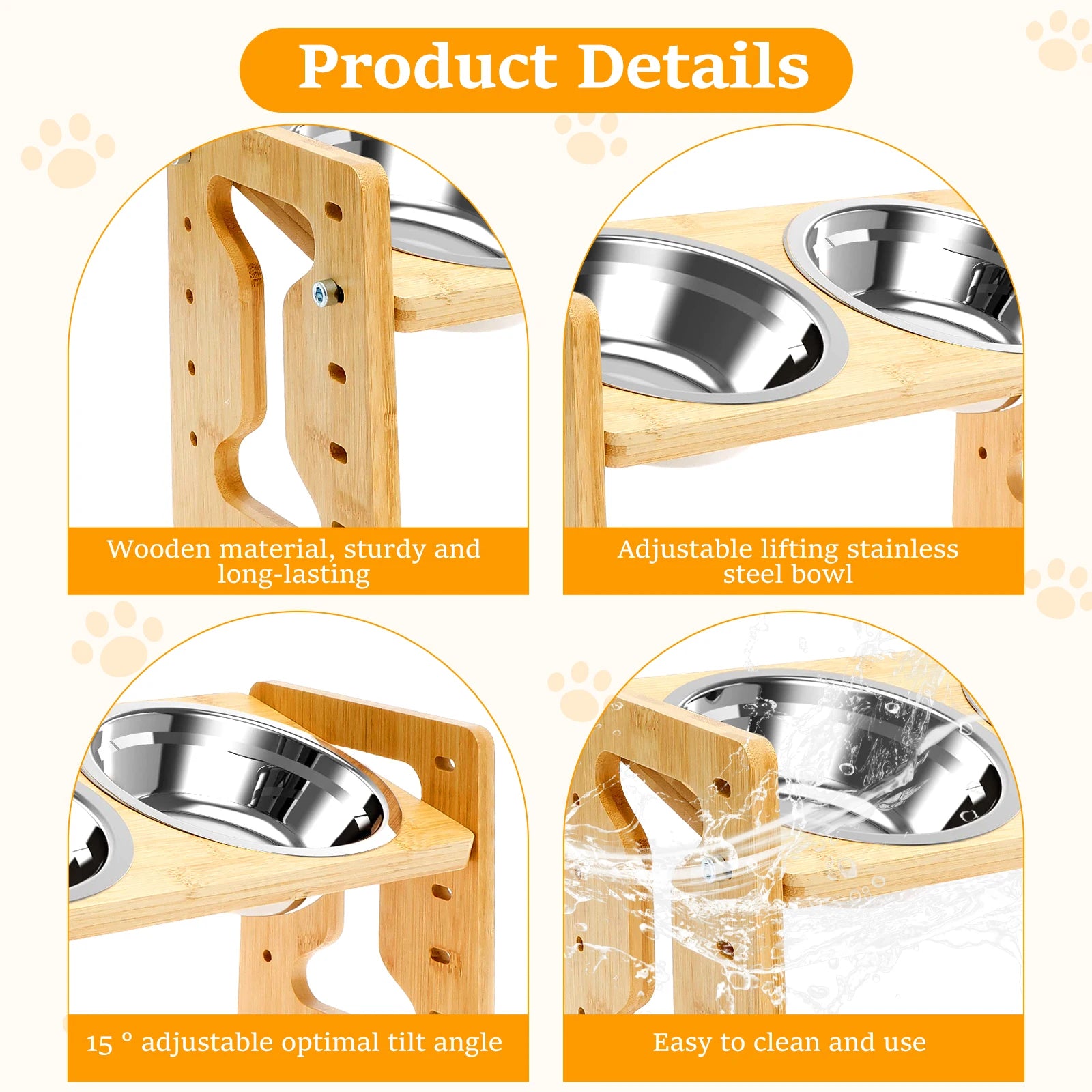 Elevated Dog Feeder Bowls Adjustable Raised Stand Wood Pet Double Stainless Steel Bowl Cat Dog Food Water Accessories