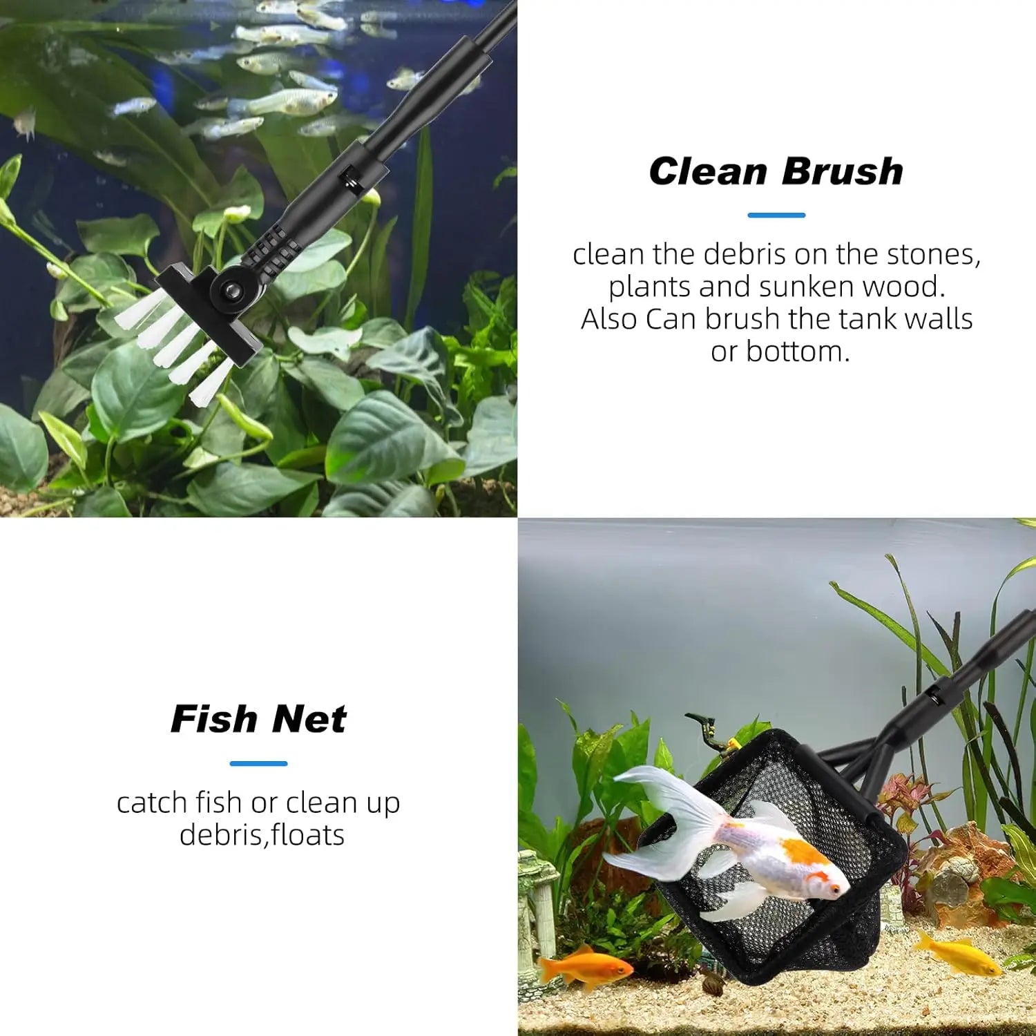 Fish Tank Cleaner, Aquarium Cleaning Tools Kit with Handle, Seaweed Scraper, Fishing Net, Sponge Brush,Wall Brush