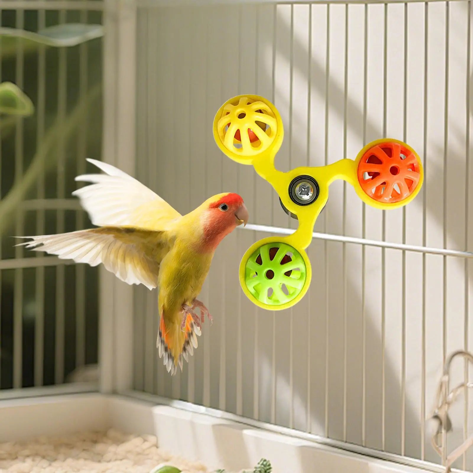 Bird Toys Fun Rotating Windmill with 3 Bells Bird Cage Toys for Parakeet Conure Cockatiel Lovebird Enrichment Play Chewing