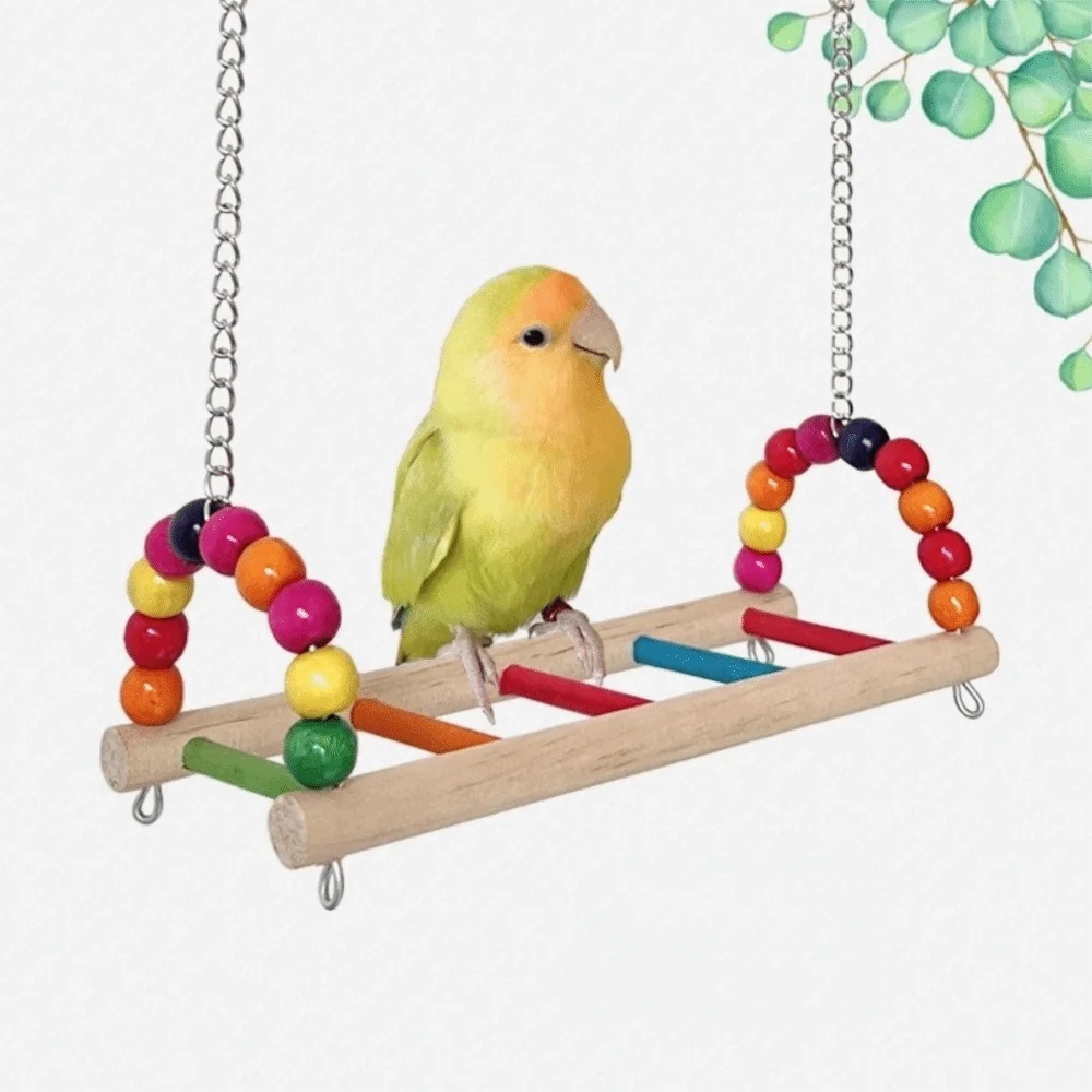 Bird Perch Stand Bite Resistant Parrot Swing Wooden Hanging Beads Bird Colorful Bird Cage Standing Training