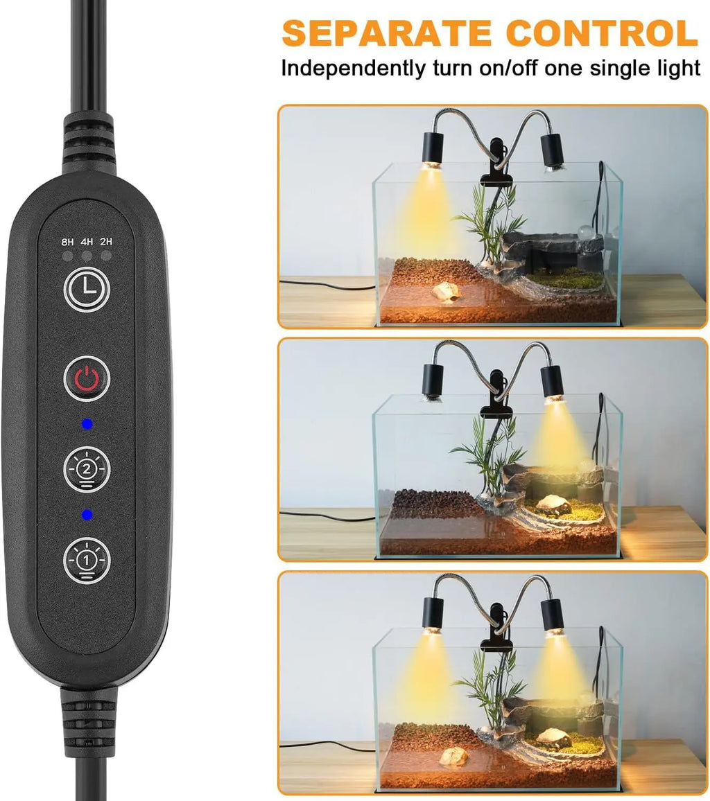Reptile Heat Lamp Double-Head Heat Lamp with Clamp UVA UVB Reptile Light with Intelligent Cycle Timer with 2 Bulbs 25W+50W