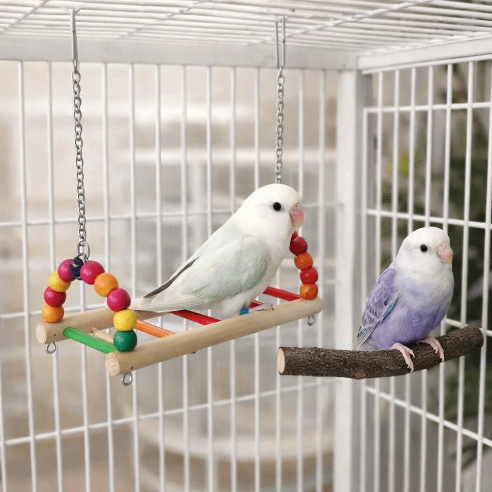 Bird Perch Stand Bite Resistant Parrot Swing Wooden Hanging Beads Bird Colorful Bird Cage Standing Training