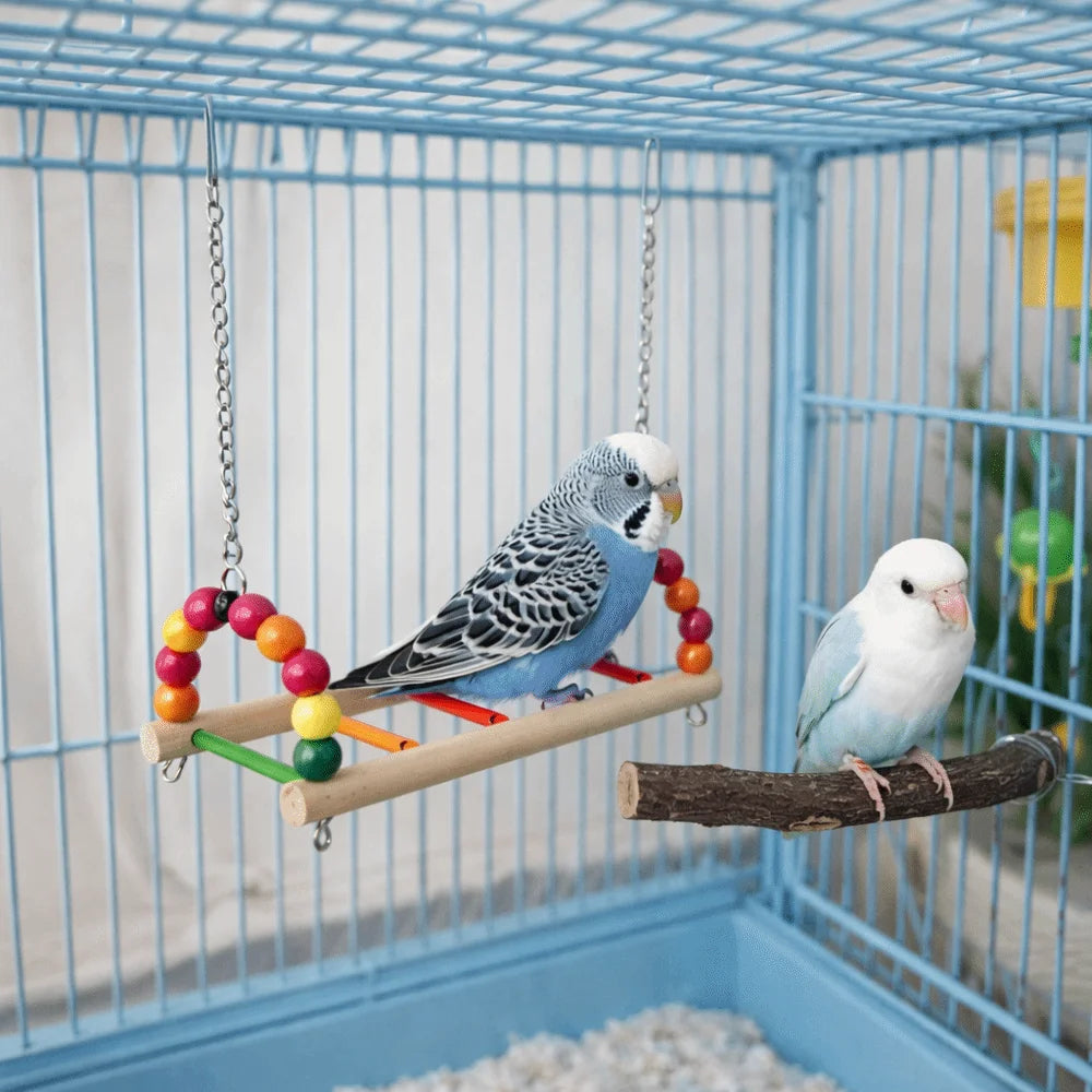 Bird Perch Stand Bite Resistant Parrot Swing Wooden Hanging Beads Bird Colorful Bird Cage Standing Training