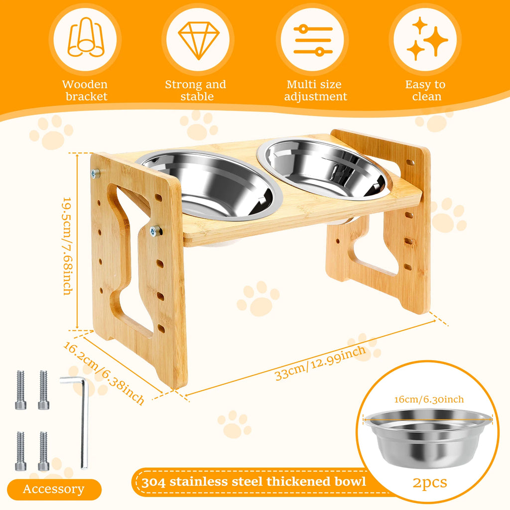 Elevated Dog Feeder Bowls Adjustable Raised Stand Wood Pet Double Stainless Steel Bowl Cat Dog Food Water Accessories