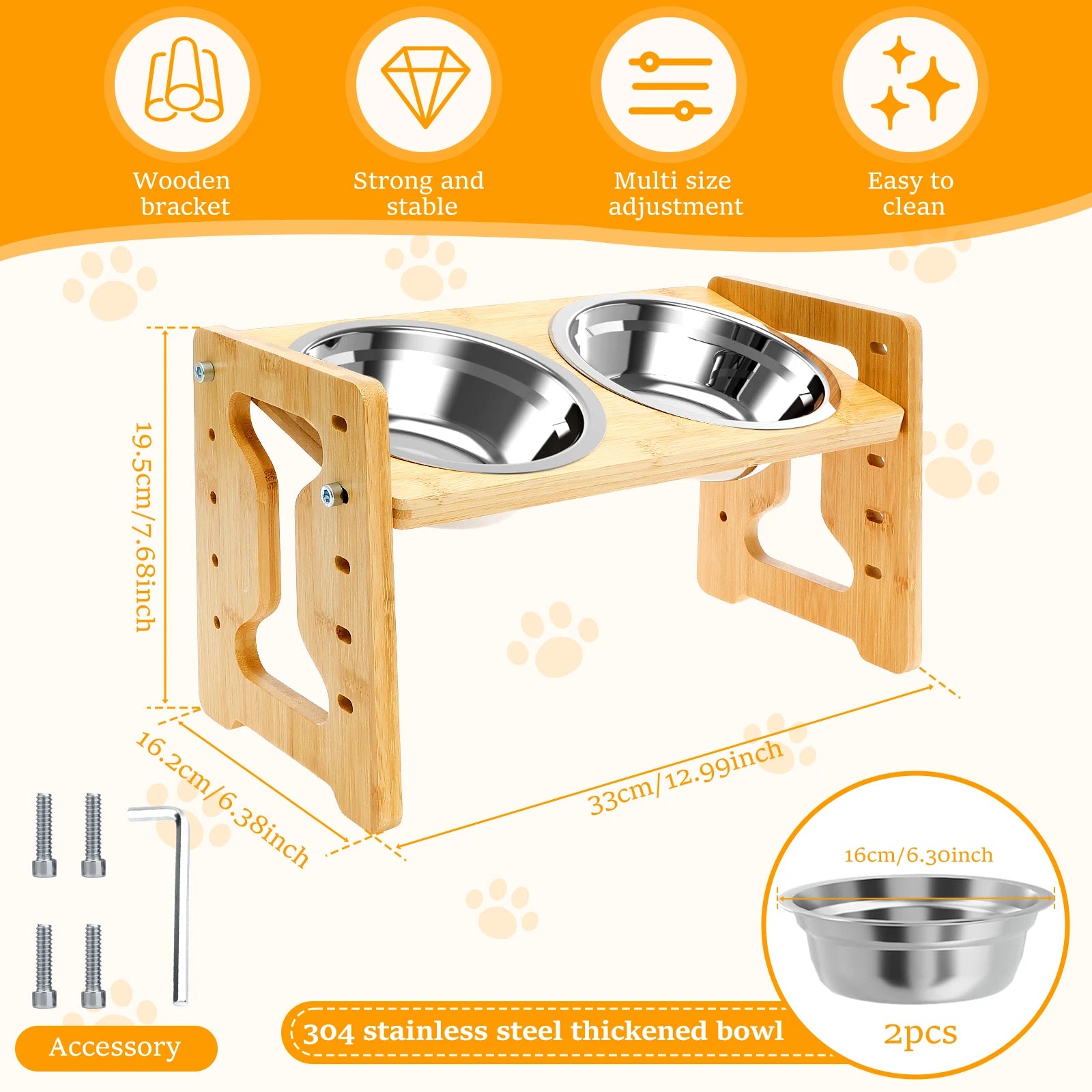 Elevated Dog Feeder Bowls Adjustable Raised Stand Wood Pet Double Stainless Steel Bowl Cat Dog Food Water Accessories
