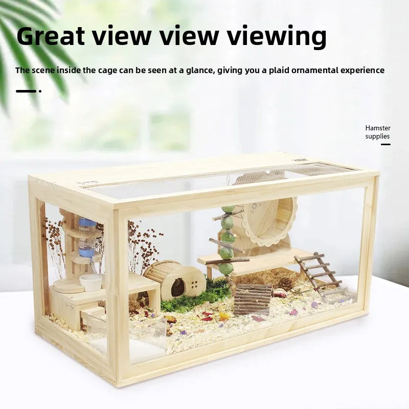 Hamster Frame Cage Solid Wood Acrylic Breathable Pet Cage Set for Golden Hamsters, Hedgehogs, Parrots, and Other Small Pets