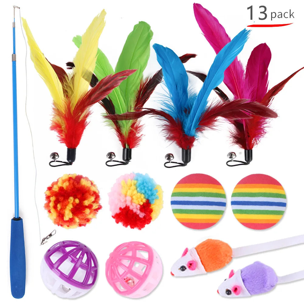 Cat Toy Set Interactive Play Kitten Toys for Indoor Cats Fun Exercise Entertainment Pet Fishing Rod Teaser Wand Plush Mouse