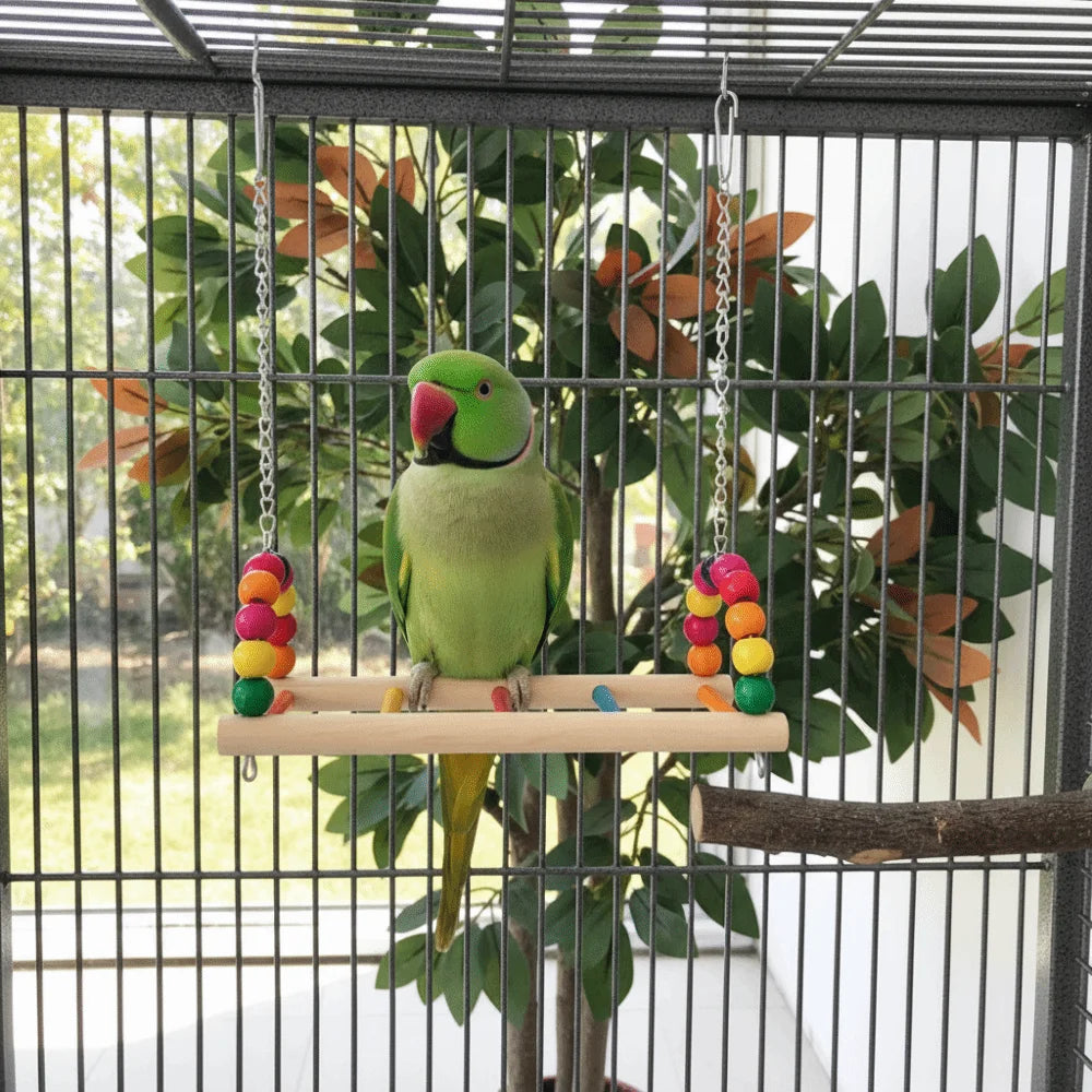 Bird Perch Stand Bite Resistant Parrot Swing Wooden Hanging Beads Bird Colorful Bird Cage Standing Training
