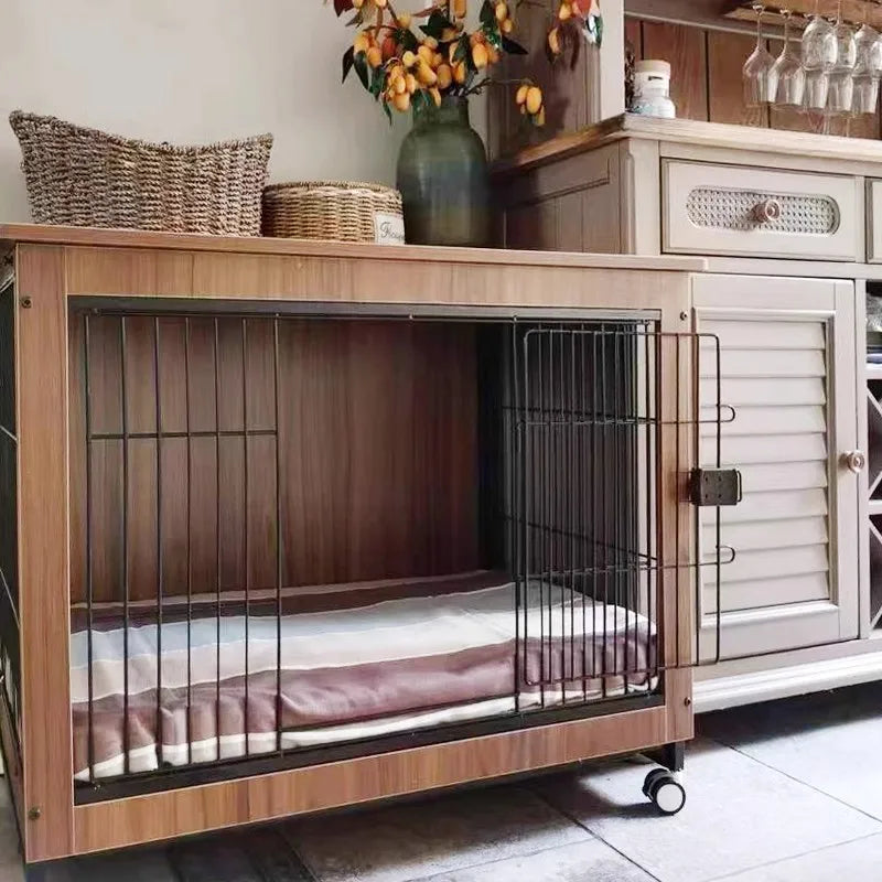 Dog Crate Wooden Pet Indoor Pen Home with Litter Box Separate Dog Kennel