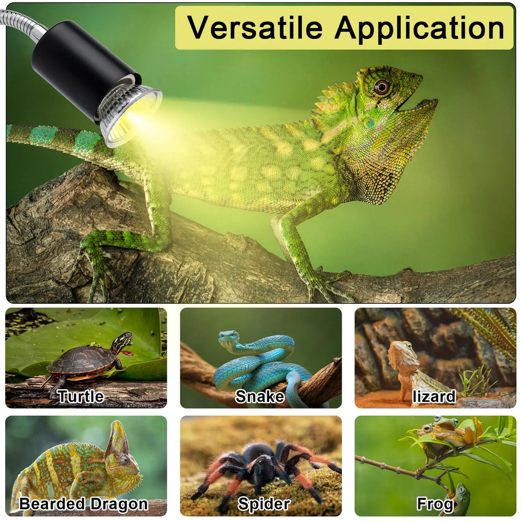 Reptile Heat Lamp Double-Head Heat Lamp with Clamp UVA UVB Reptile Light with Intelligent Cycle Timer with 2 Bulbs 25W+50W