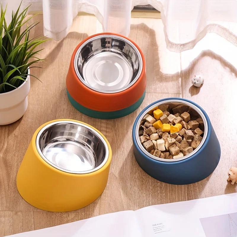 Pet Bowl, Slanted Mouth, Elevated Dog Bowl, Stainless Steel Dog Food Bowl with Bowl Rack, Water Basin, Durable and Detachable