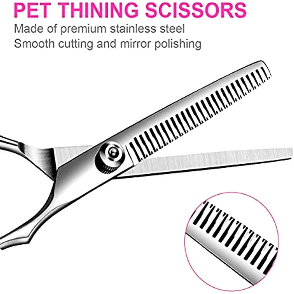Pet Dog Cat Grooming Scissors Kit Safety round Tips Thinning  Set with Straight And Curved Blades Comb Professional Dog Groomer