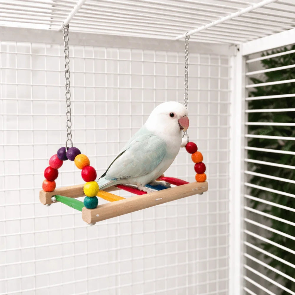 Bird Perch Stand Bite Resistant Parrot Swing Wooden Hanging Beads Bird Colorful Bird Cage Standing Training