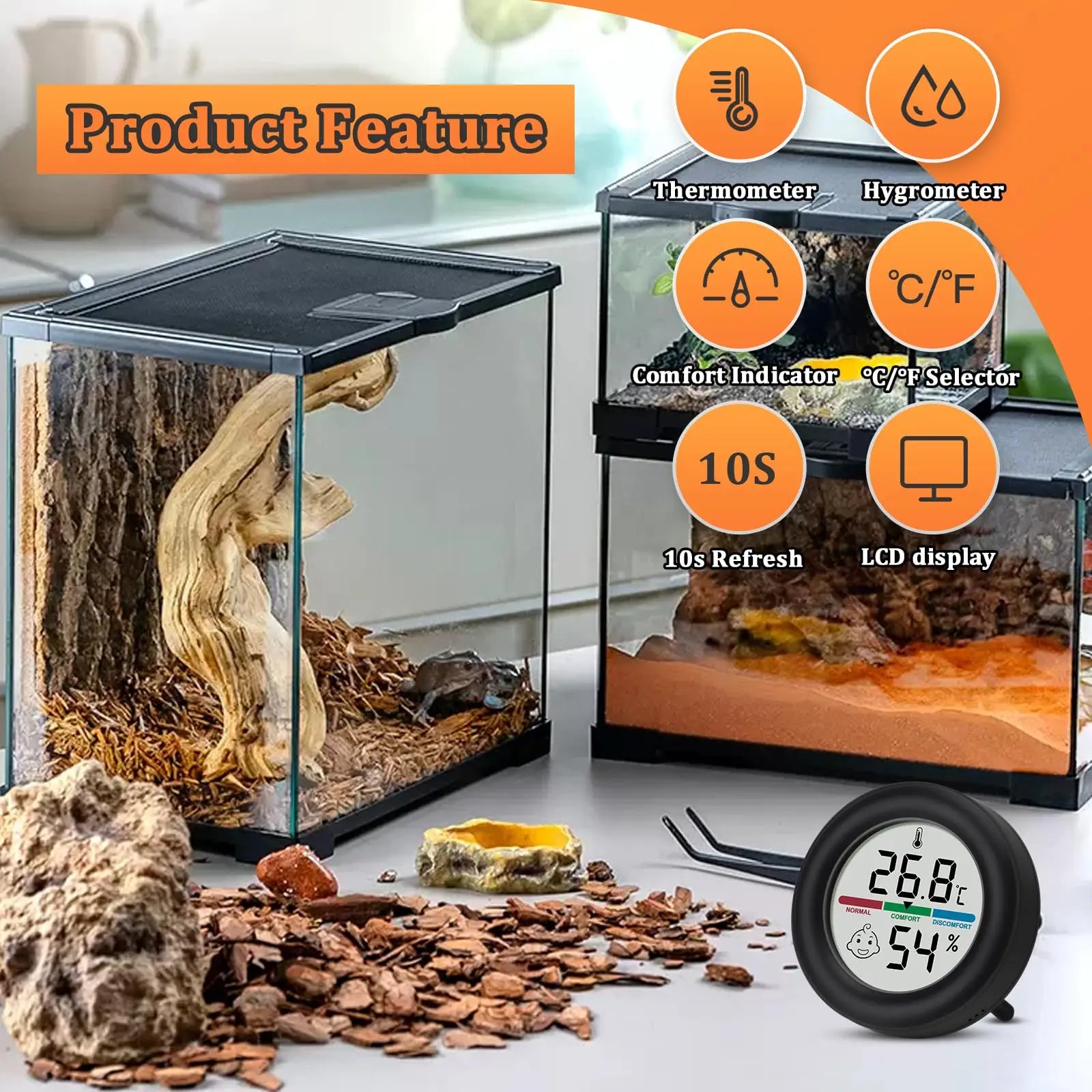 Reptile Tank Thermometer, Mini Digital Hygrometer Thermometer Gauge, Indoor Temperature Humidity Meter for Reptile Terrarium