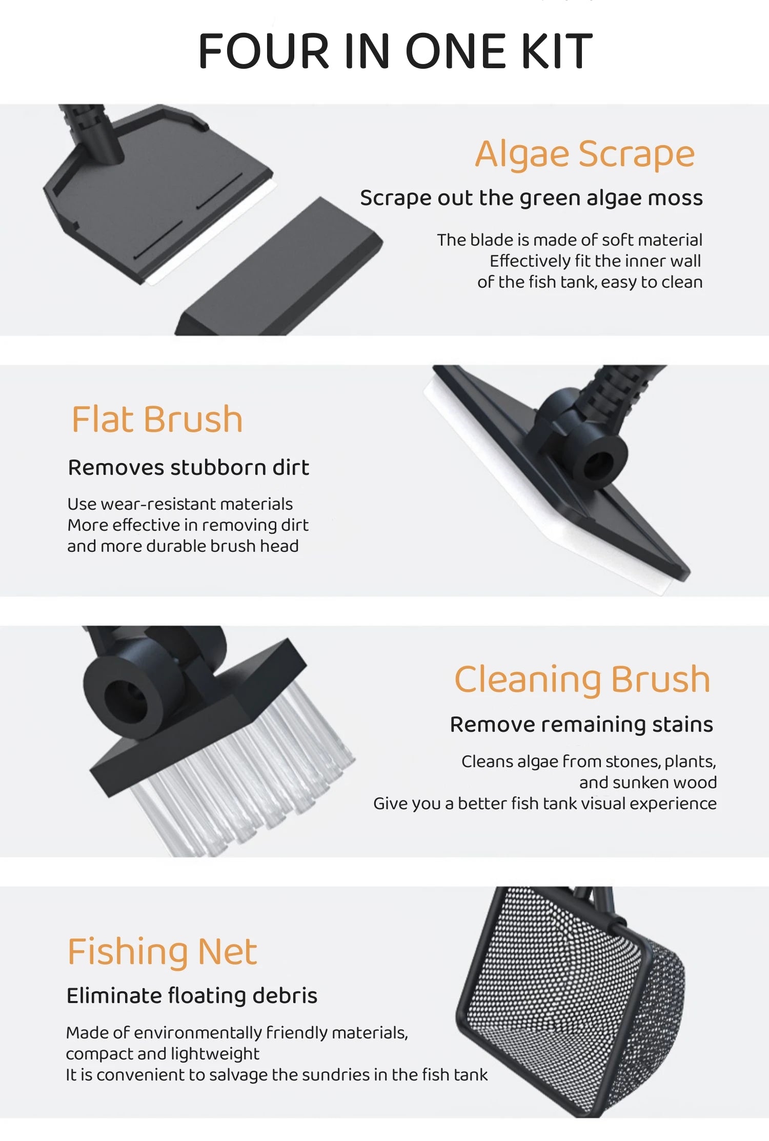 Fish Tank Cleaner, Aquarium Cleaning Tools Kit with Handle, Seaweed Scraper, Fishing Net, Sponge Brush,Wall Brush
