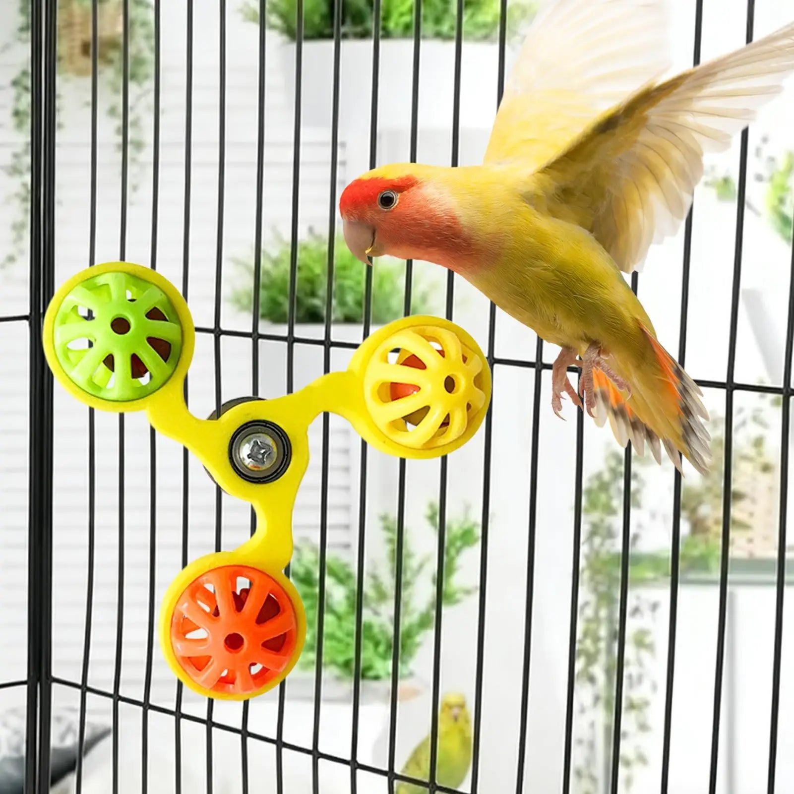 Bird Toys Fun Rotating Windmill with 3 Bells Bird Cage Toys for Parakeet Conure Cockatiel Lovebird Enrichment Play Chewing