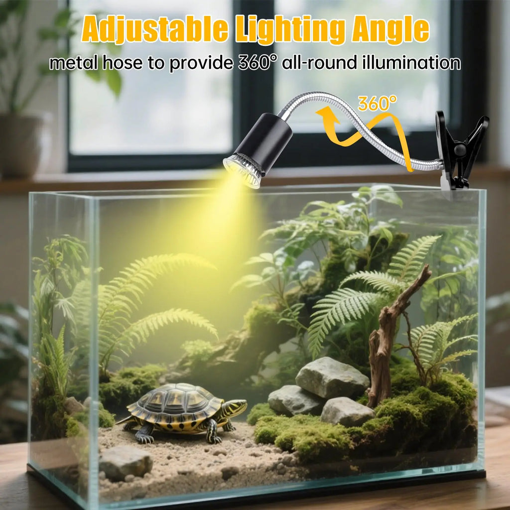 Reptile Heat Lamp Double-Head Heat Lamp with Clamp UVA UVB Reptile Light with Intelligent Cycle Timer with 2 Bulbs 25W+50W