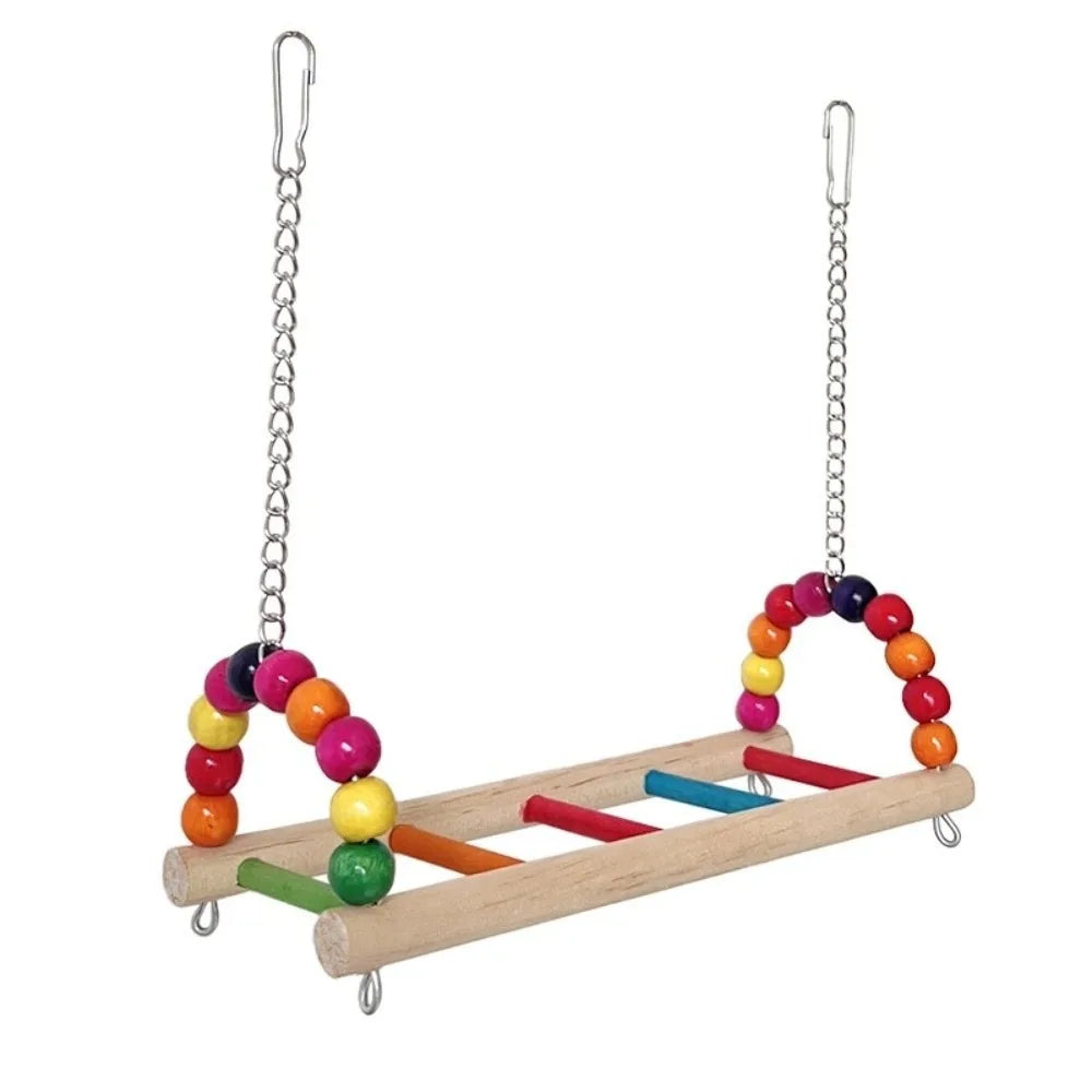 Bird Perch Stand Bite Resistant Parrot Swing Wooden Hanging Beads Bird Colorful Bird Cage Standing Training