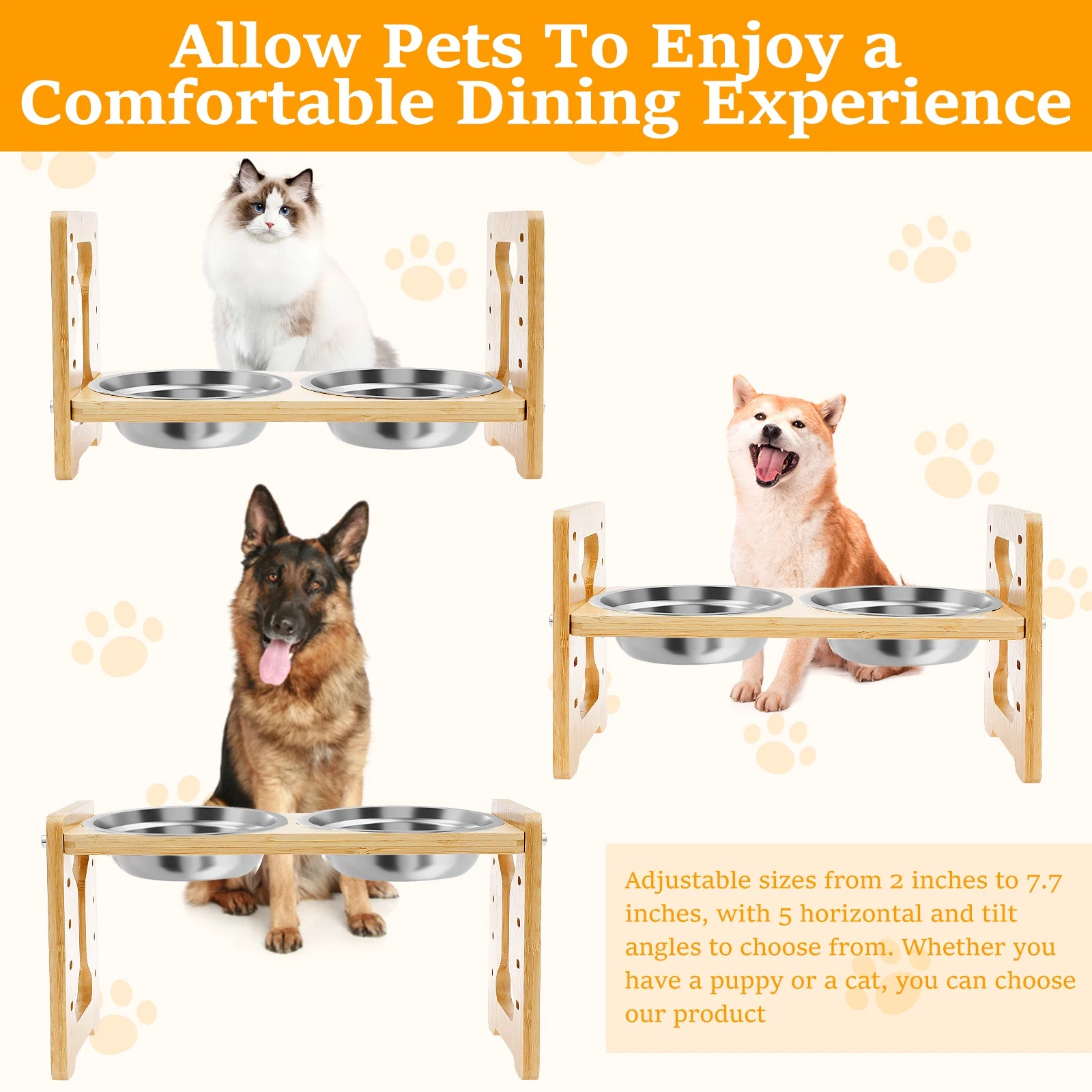 Elevated Dog Feeder Bowls Adjustable Raised Stand Wood Pet Double Stainless Steel Bowl Cat Dog Food Water Accessories