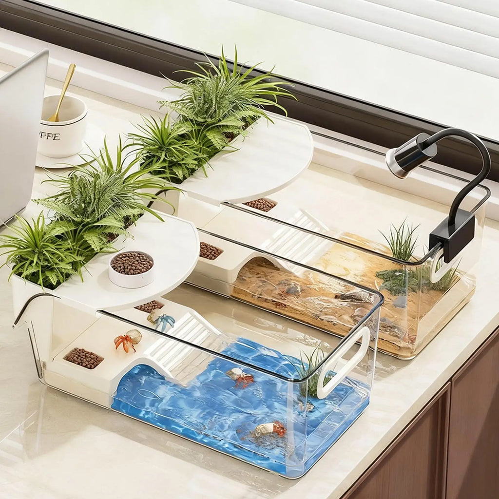 Turtle Tank Large Terrarium with Basking Plat Clear Tortoise Tank Reptile Enclosure for Tree Frog Salamanders Crayfish Small