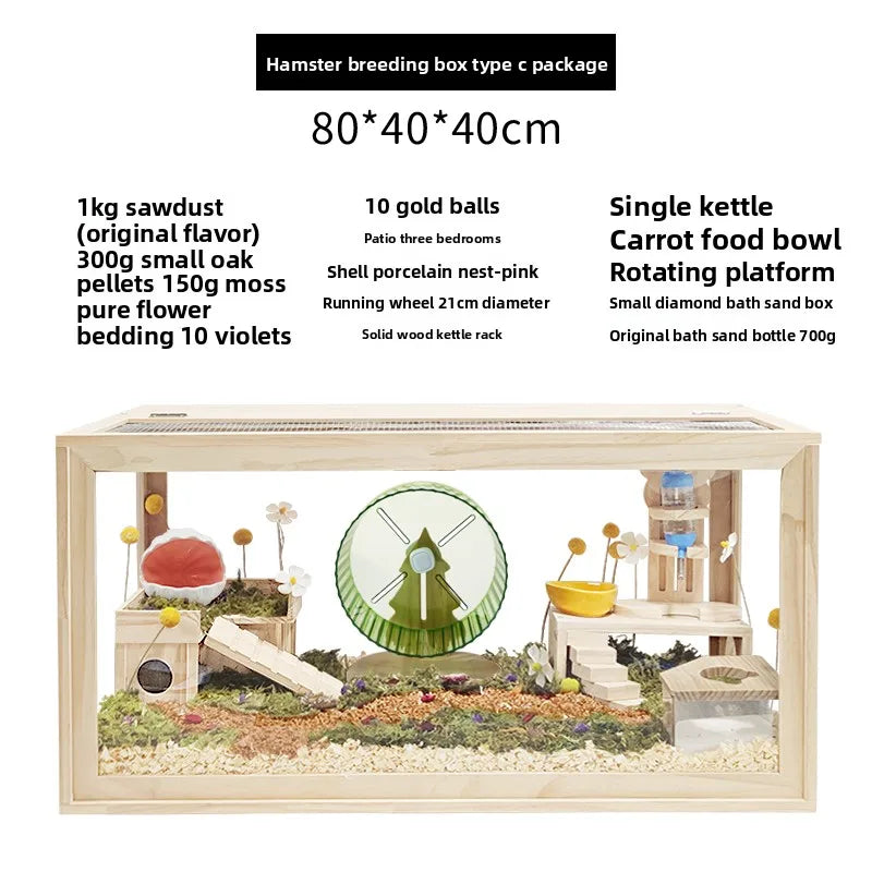 Hamster Frame Cage Solid Wood Acrylic Breathable Pet Cage Set for Golden Hamsters, Hedgehogs, Parrots, and Other Small Pets