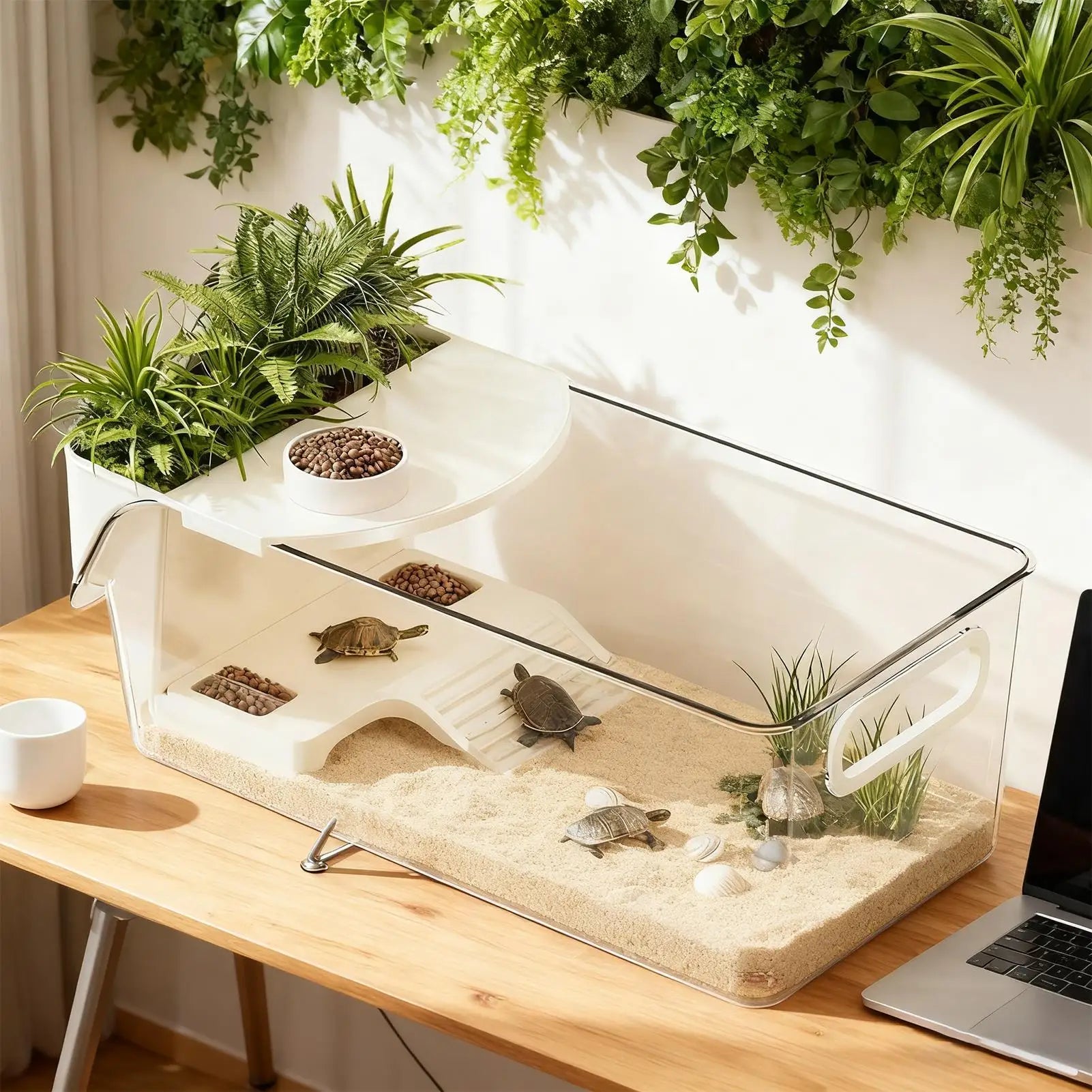 Turtle Tank Large Terrarium with Basking Plat Clear Tortoise Tank Reptile Enclosure for Tree Frog Salamanders Crayfish Small