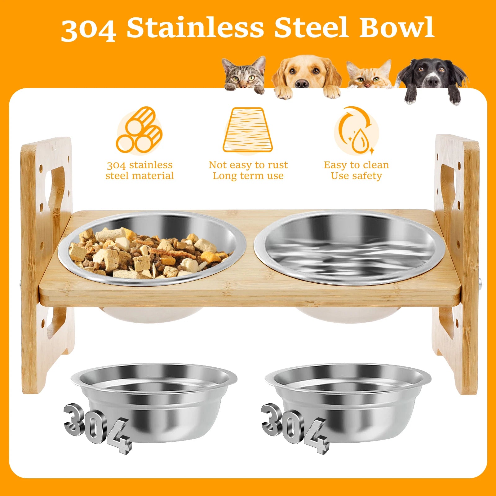 Elevated Dog Feeder Bowls Adjustable Raised Stand Wood Pet Double Stainless Steel Bowl Cat Dog Food Water Accessories