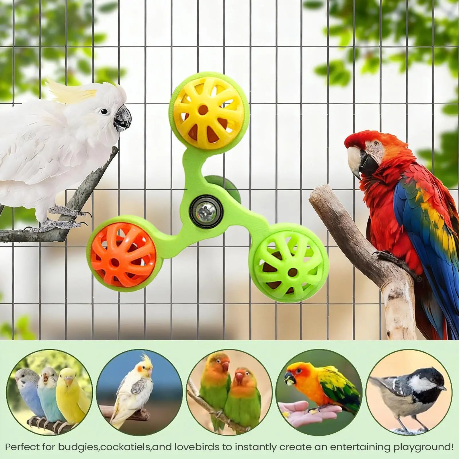 Bird Toys Fun Rotating Windmill with 3 Bells Bird Cage Toys for Parakeet Conure Cockatiel Lovebird Enrichment Play Chewing