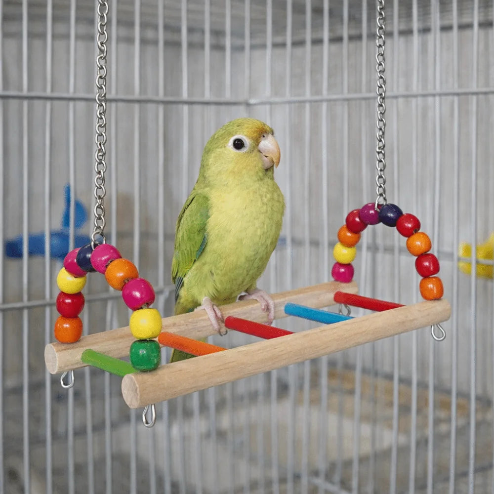 Bird Perch Stand Bite Resistant Parrot Swing Wooden Hanging Beads Bird Colorful Bird Cage Standing Training
