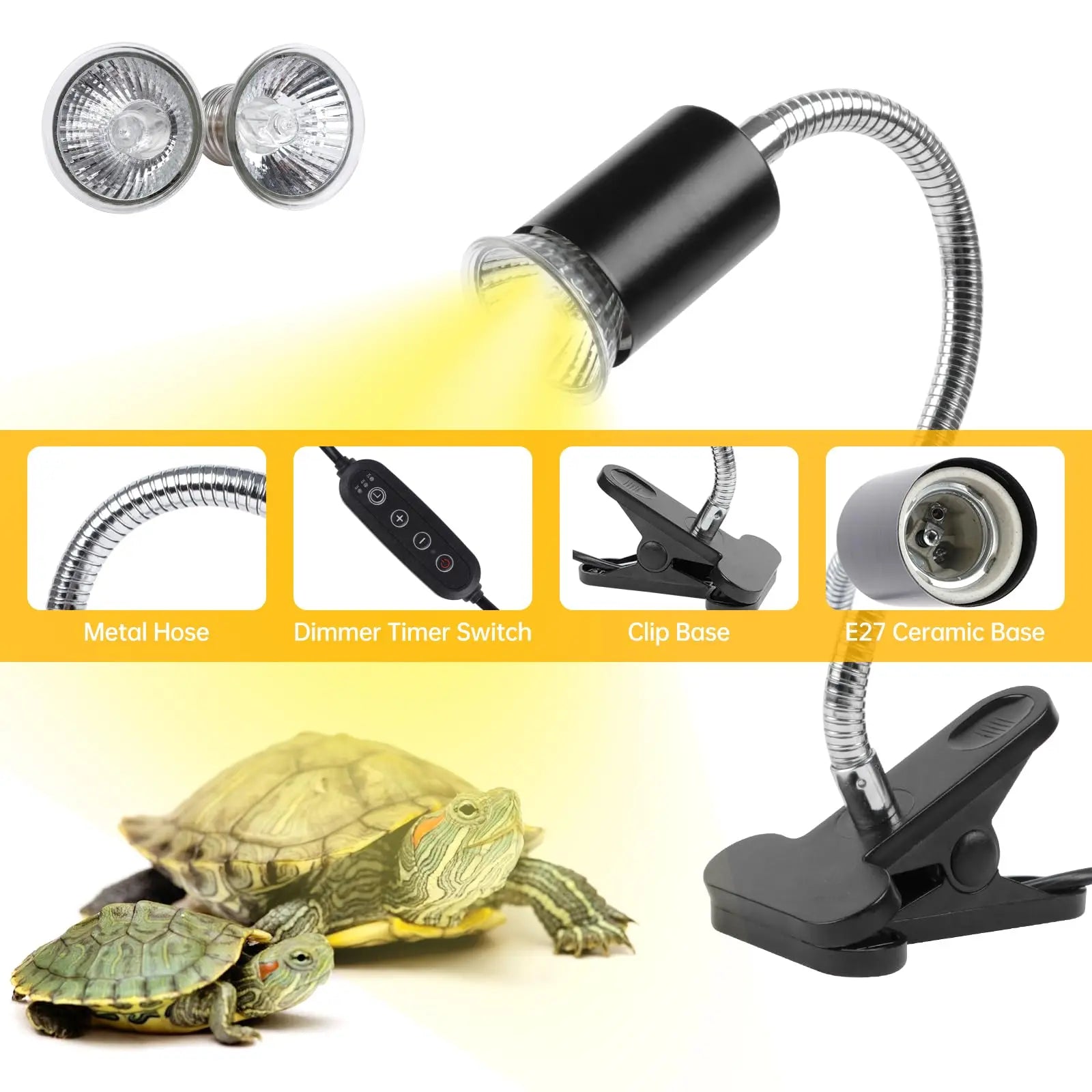 Reptile Heat Lamp Double-Head Heat Lamp with Clamp UVA UVB Reptile Light with Intelligent Cycle Timer with 2 Bulbs 25W+50W