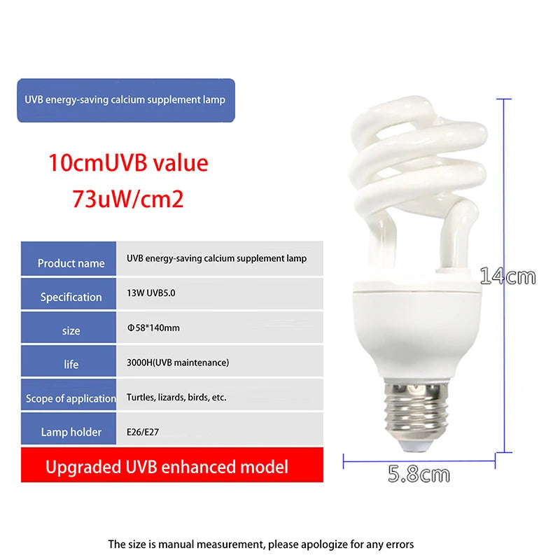 Reptile Heating Lamp with 13/26W UV Rays, 5.0 10.0 UVB, Suited for Various Pet Turtles, Lizards & Snakes