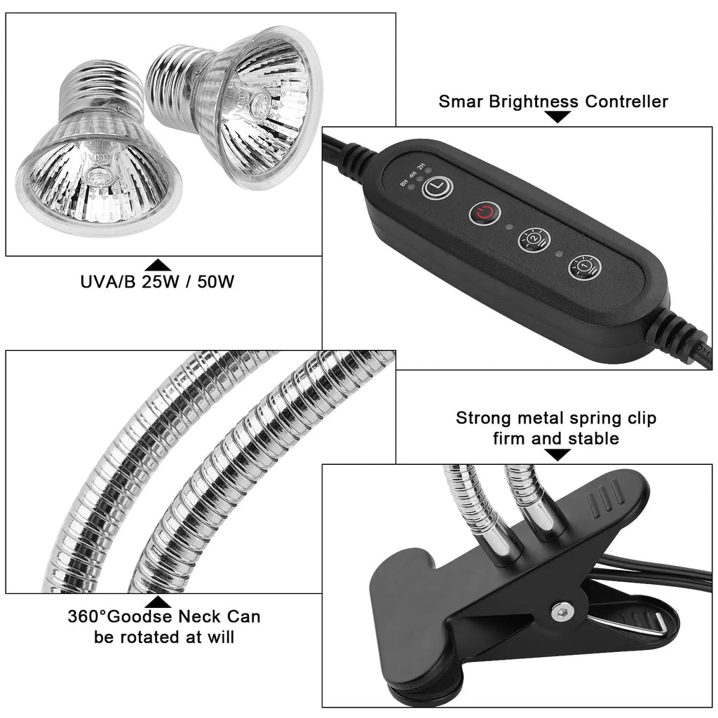 Reptile Heat Lamp Double-Head Heat Lamp with Clamp UVA UVB Reptile Light with Intelligent Cycle Timer with 2 Bulbs 25W+50W