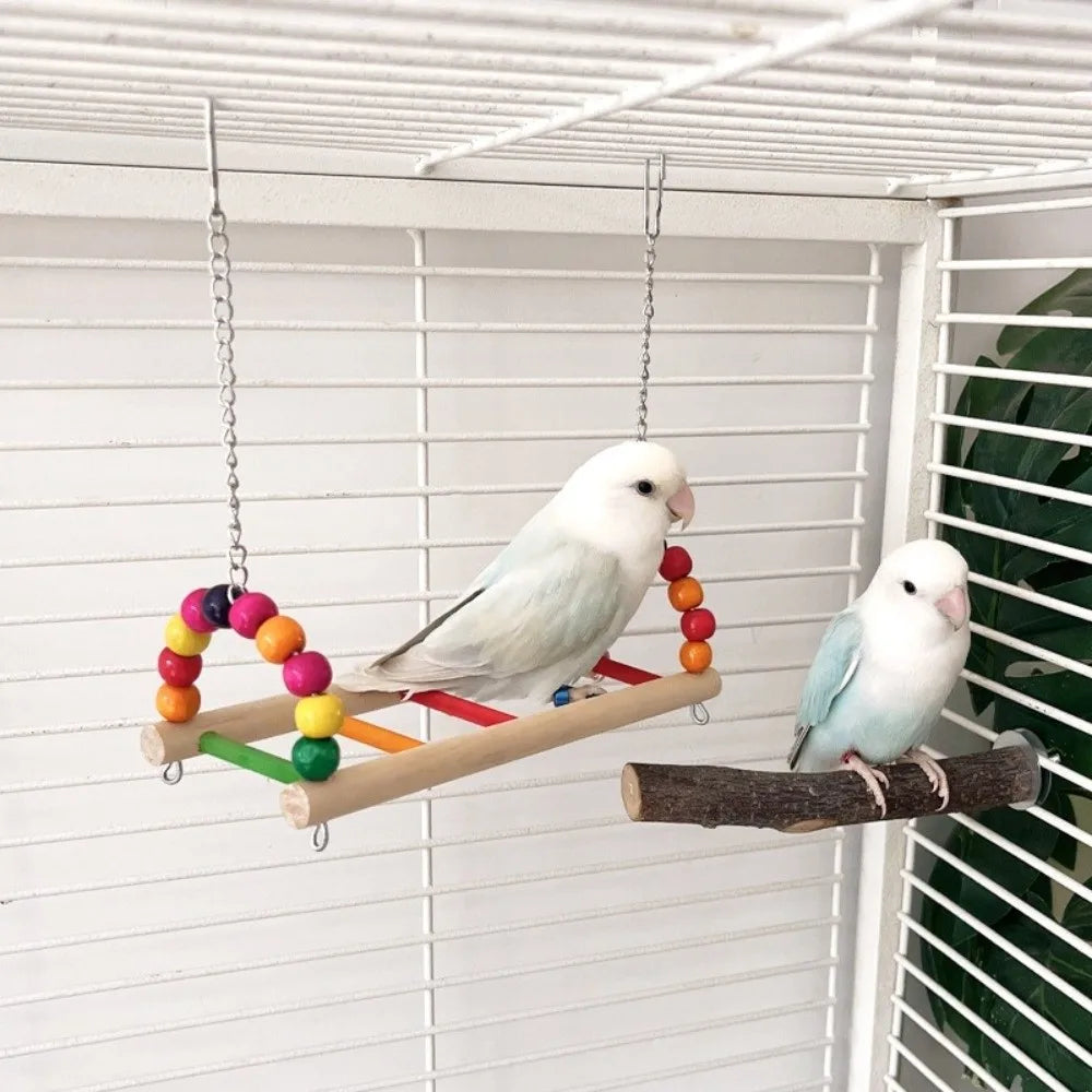 Bird Perch Stand Bite Resistant Parrot Swing Wooden Hanging Beads Bird Colorful Bird Cage Standing Training