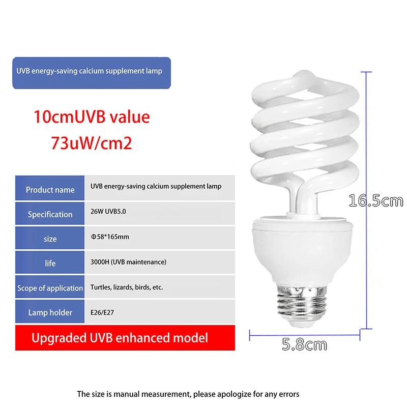 Reptile Heating Lamp with 13/26W UV Rays, 5.0 10.0 UVB, Suited for Various Pet Turtles, Lizards & Snakes