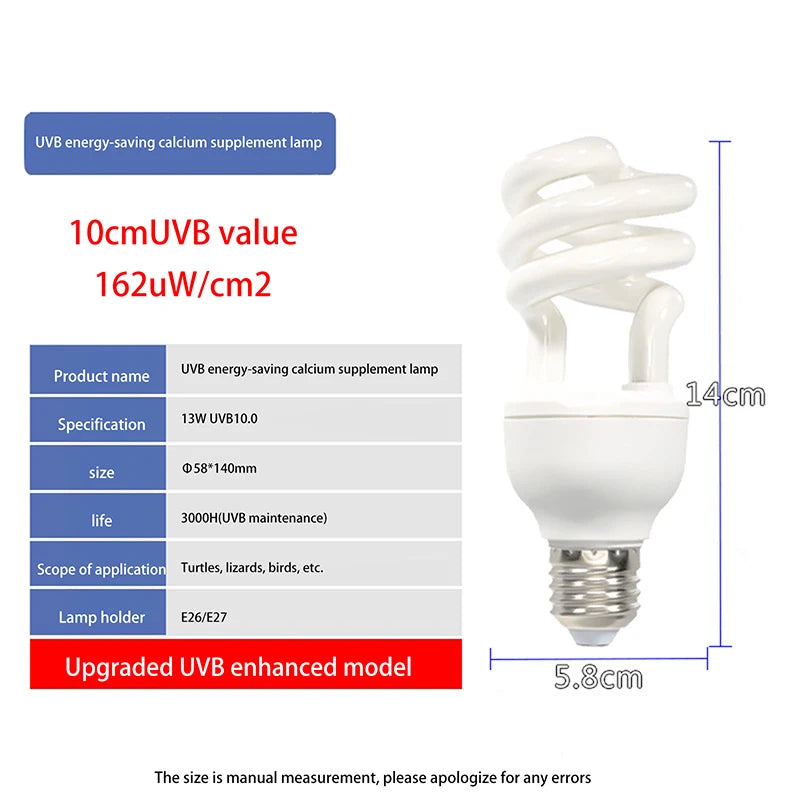 Reptile Heating Lamp with 13/26W UV Rays, 5.0 10.0 UVB, Suited for Various Pet Turtles, Lizards & Snakes
