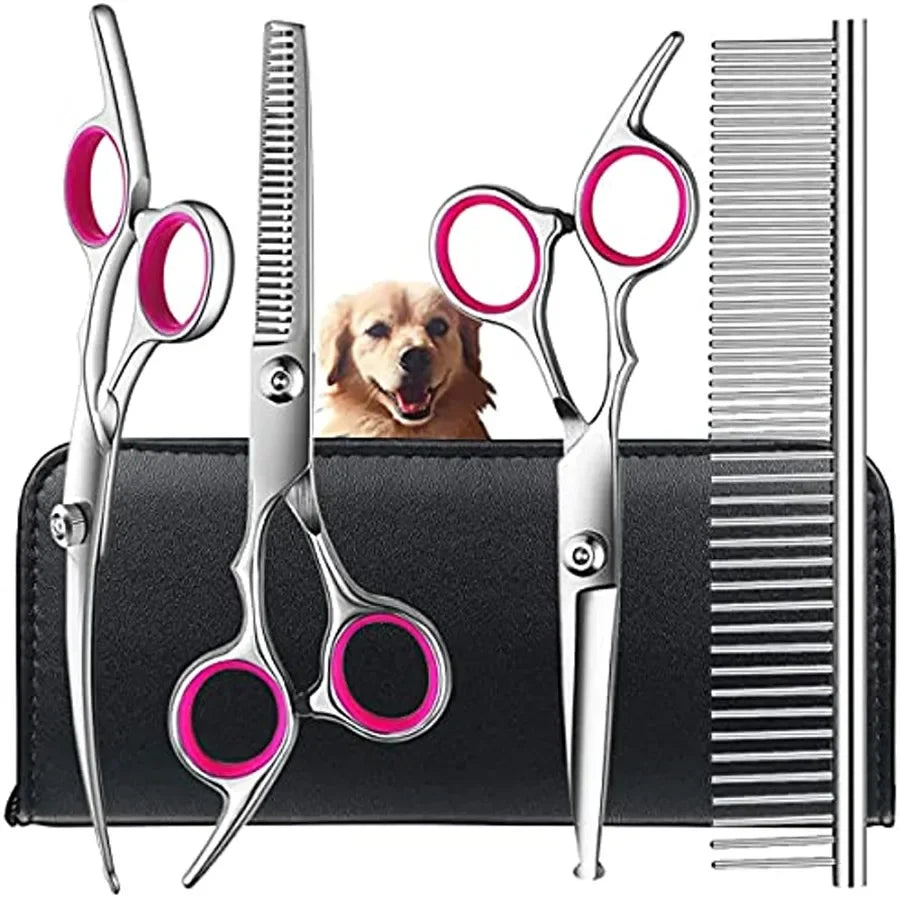 Pet Dog Cat Grooming Scissors Kit Safety round Tips Thinning  Set with Straight And Curved Blades Comb Professional Dog Groomer